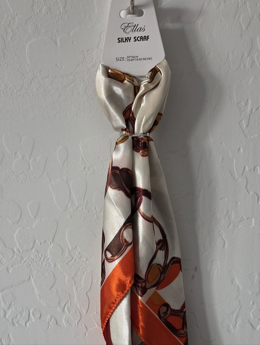 Ella Silk Scarf in Orange, Cream and Brown Chain Motif